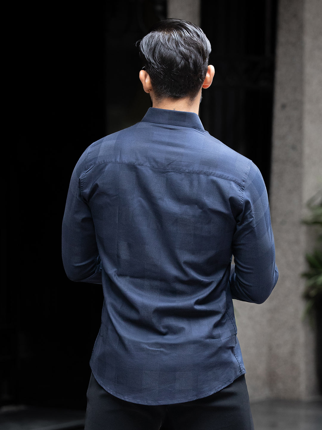 Blue Micro Check Stretch Shirt