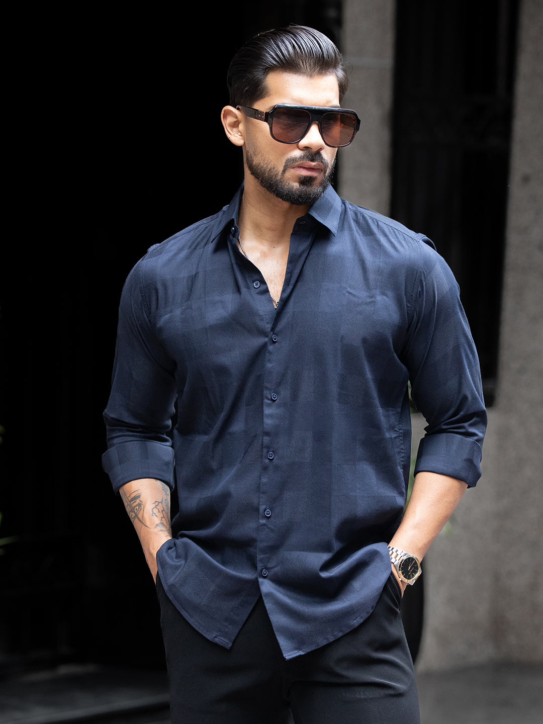 Blue Micro Check Stretch Shirt