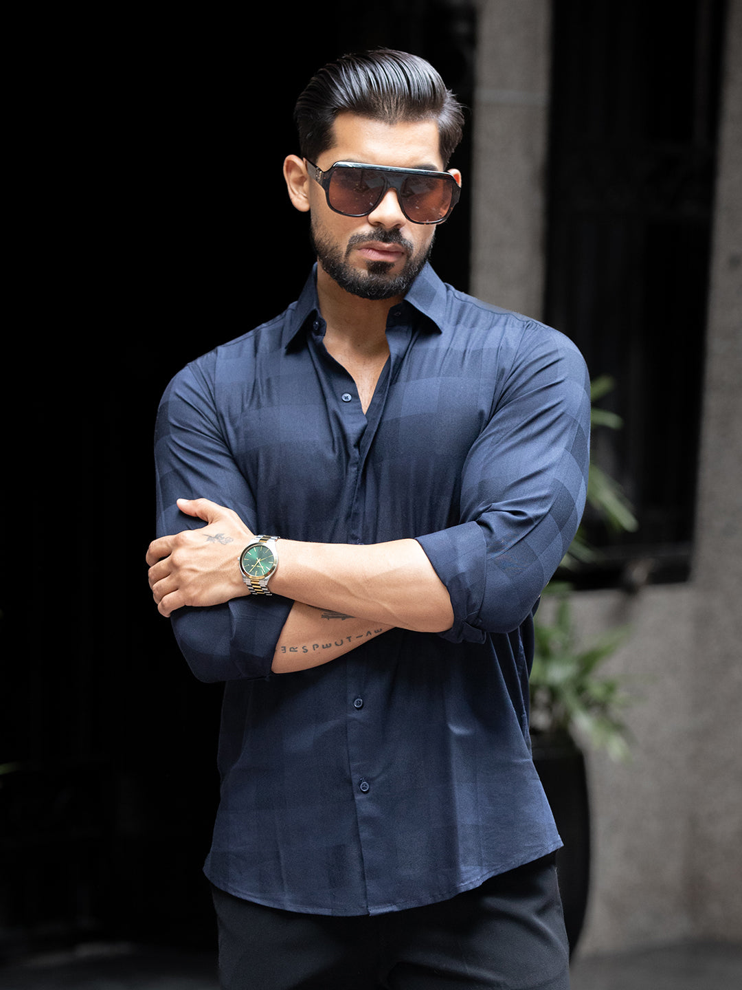 Blue Micro Check Stretch Shirt