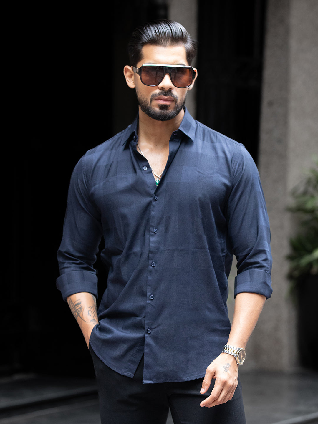 Blue Micro Check Stretch Shirt