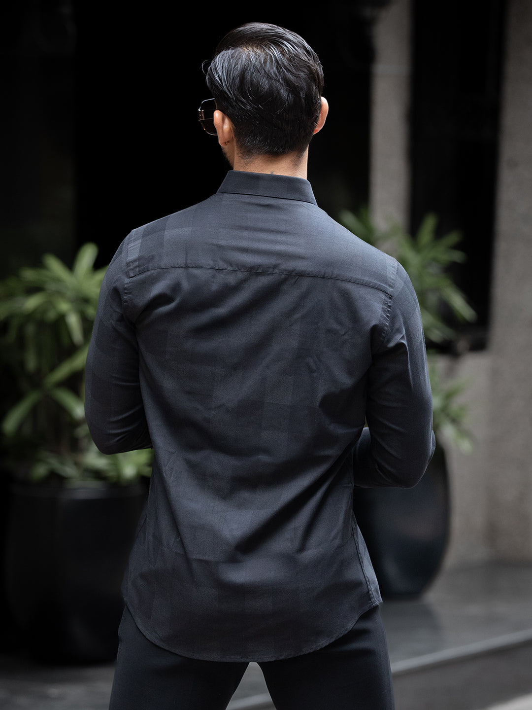 Black Micro Check Stretch Shirt
