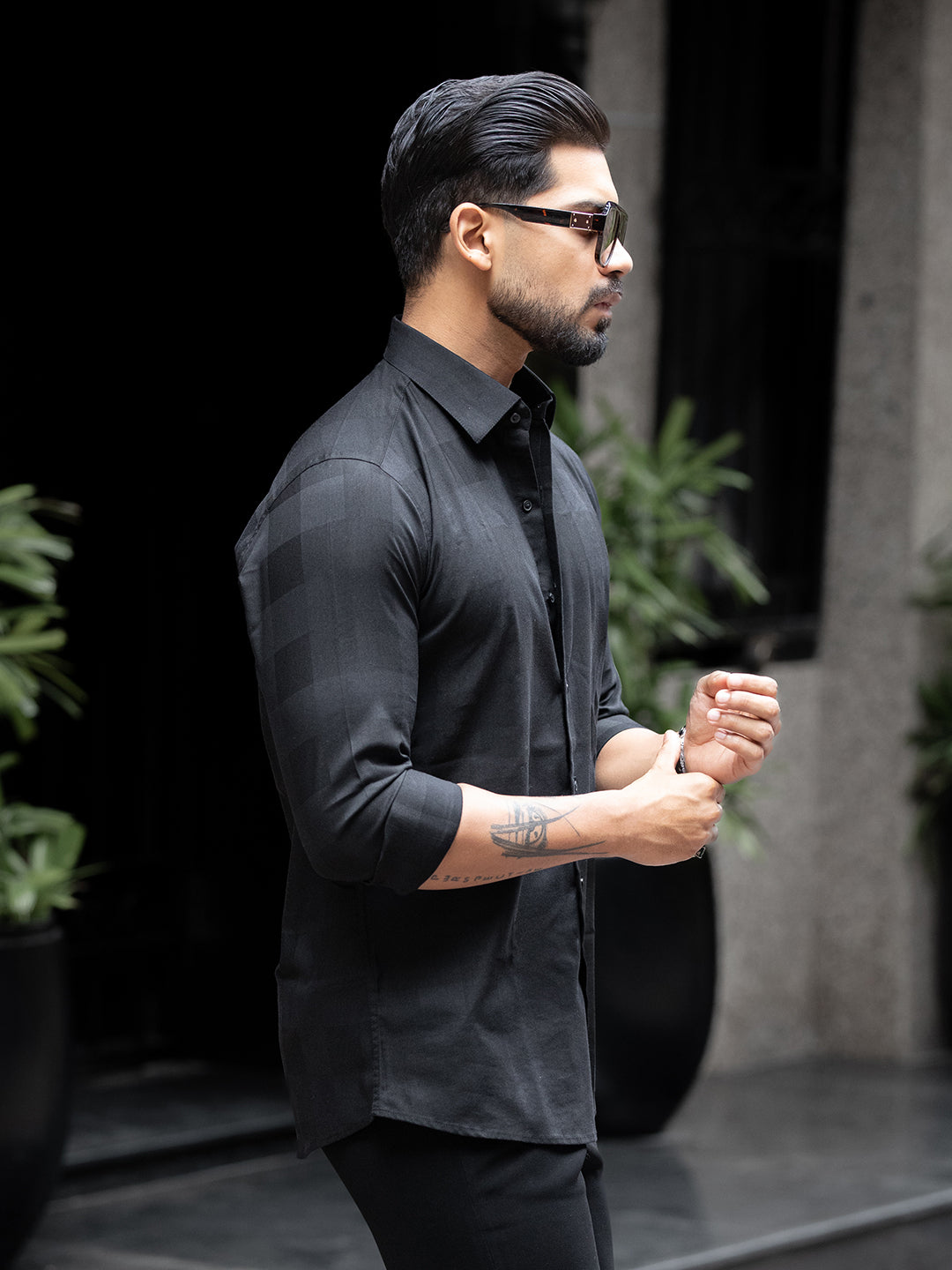 Black Micro Check Stretch Shirt