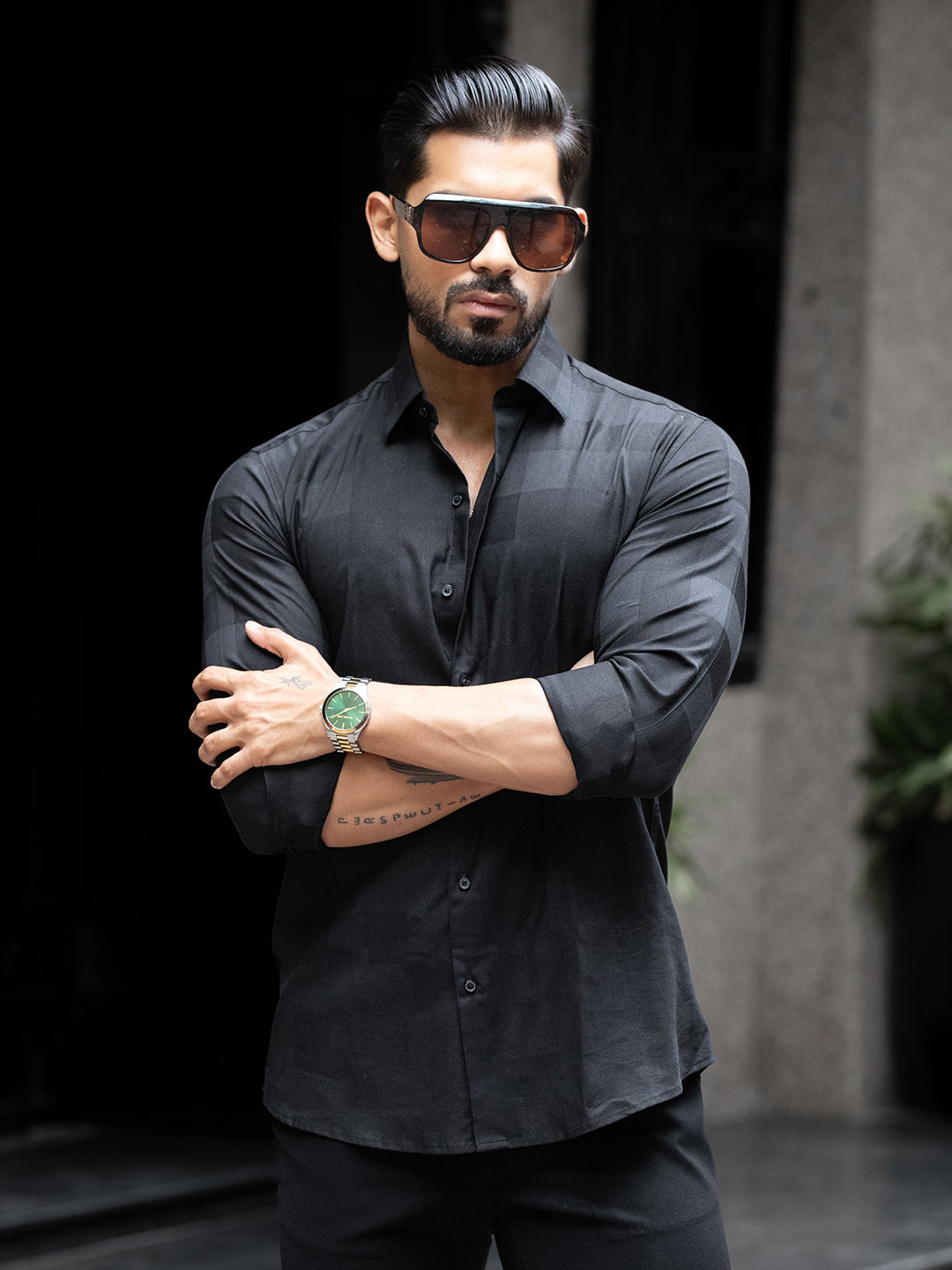 Black Micro Check Stretch Shirt
