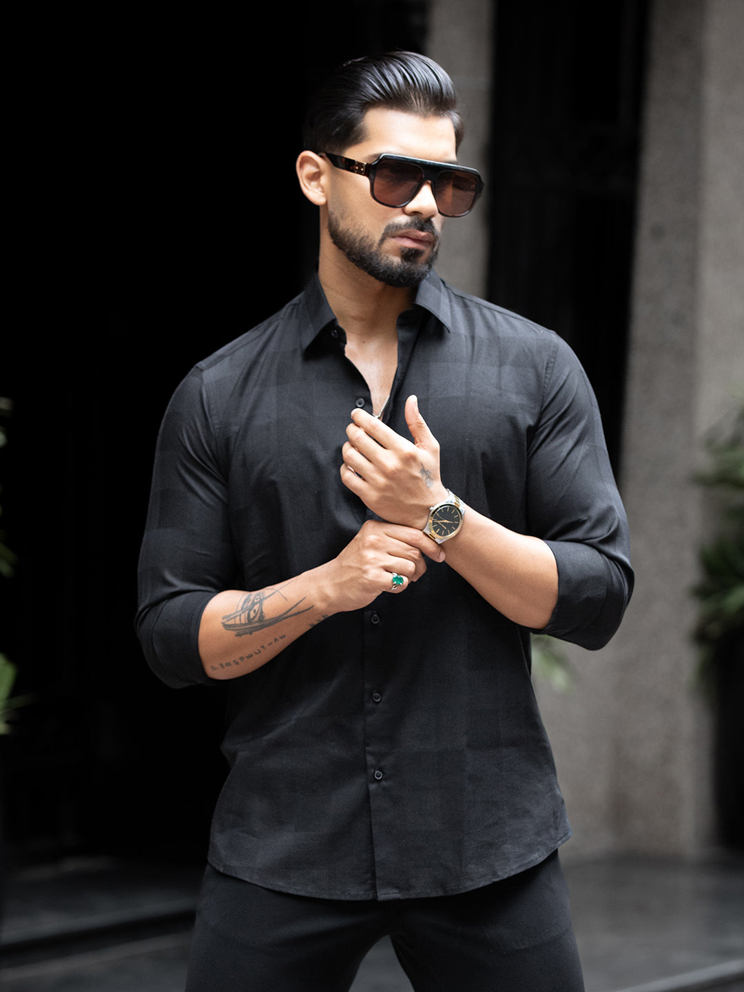 Black Micro Check Stretch Shirt