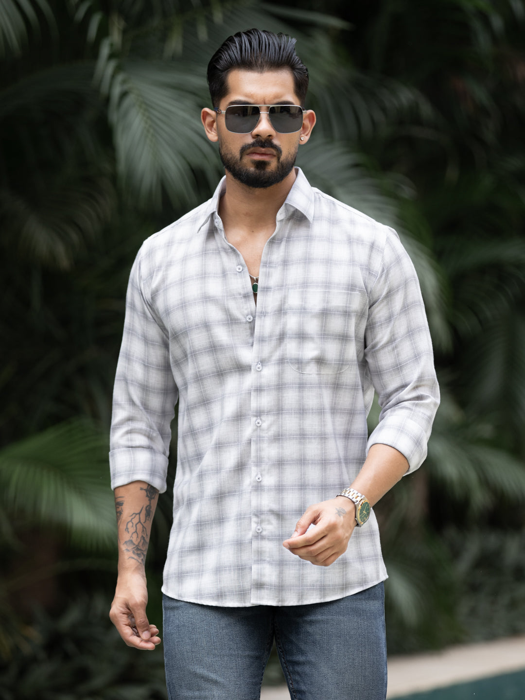 Grey Minimal Check Shirt