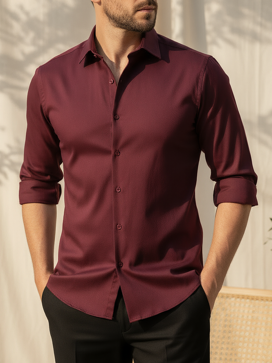 Wine Cotton Stretchable Shirt
