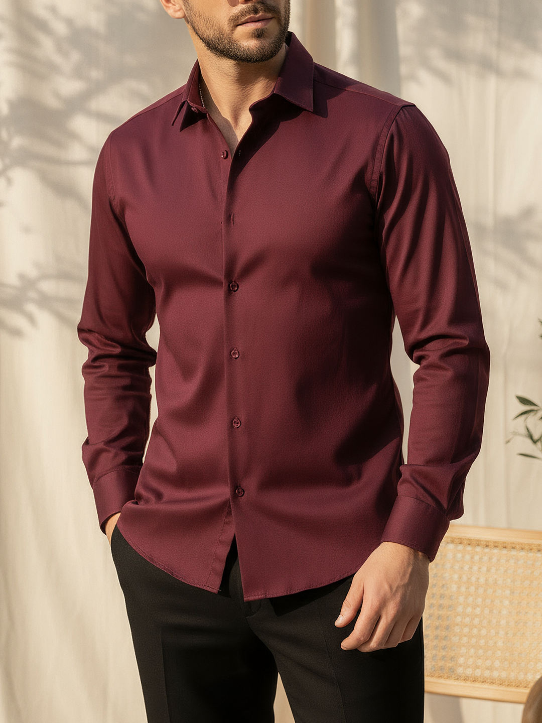 Wine Cotton Stretchable Shirt
