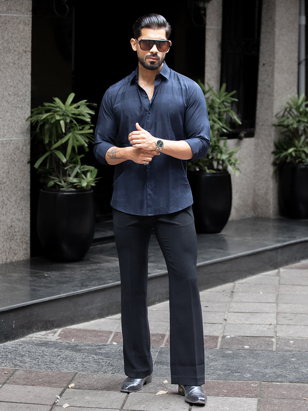 Blue Micro Check Stretch Shirt