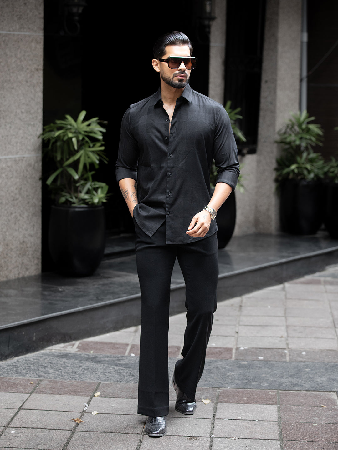 Black Micro Check Stretch Shirt