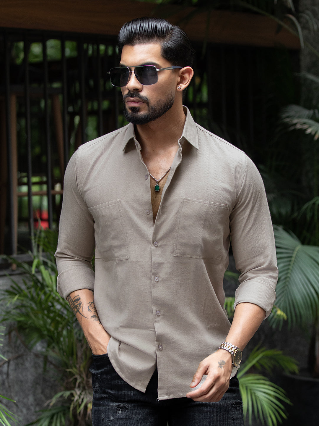 Beige Cut Pocket Shirt