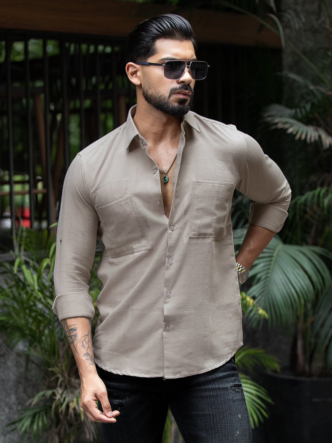 Beige Cut Pocket Shirt