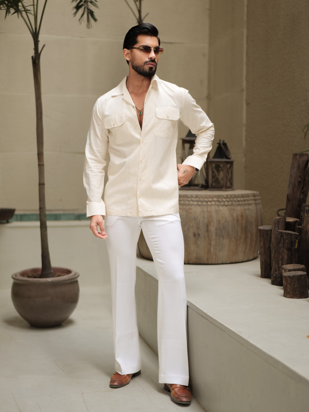 Cream Linen Utility Shirt