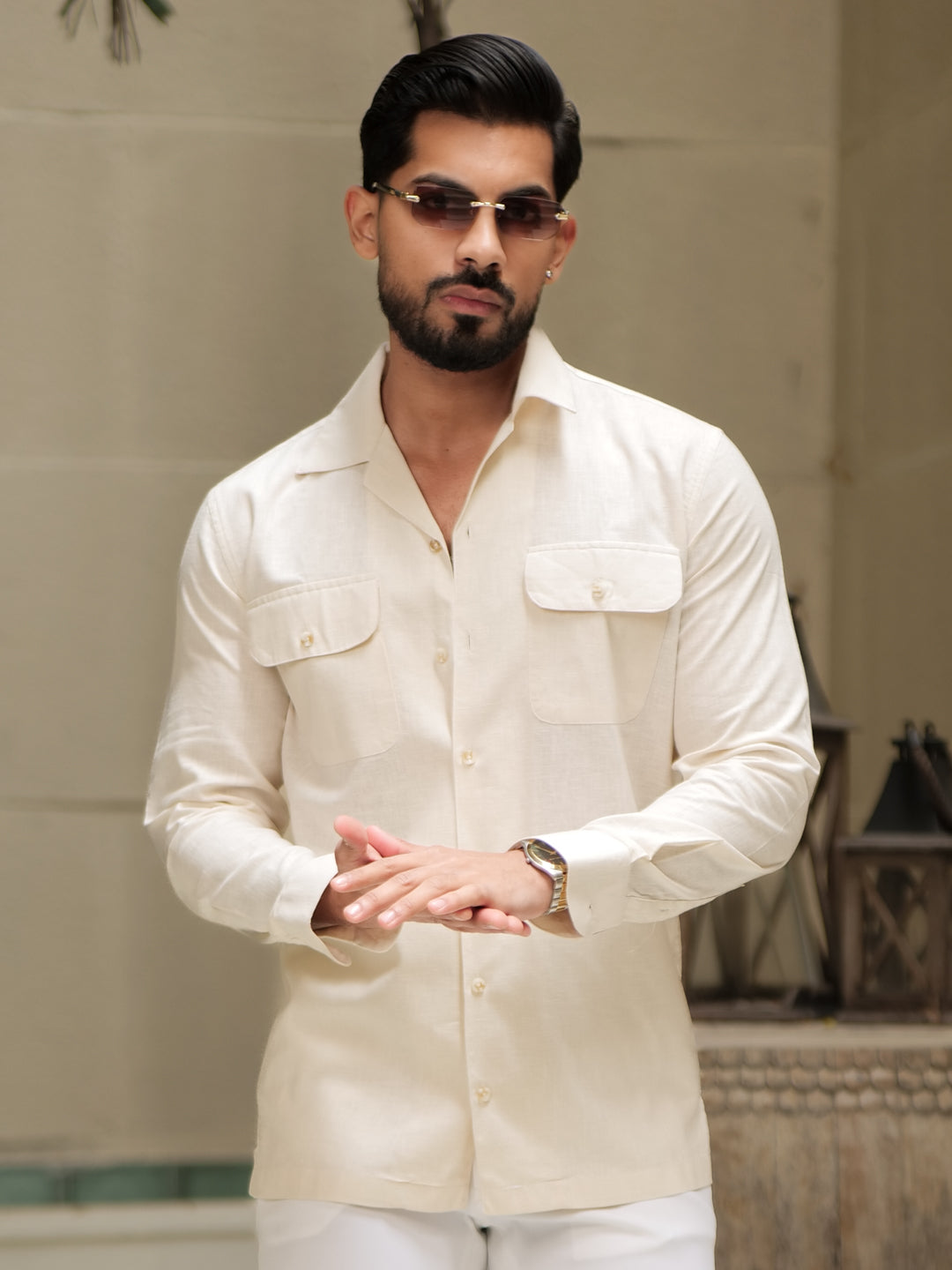 Cream Linen Utility Shirt