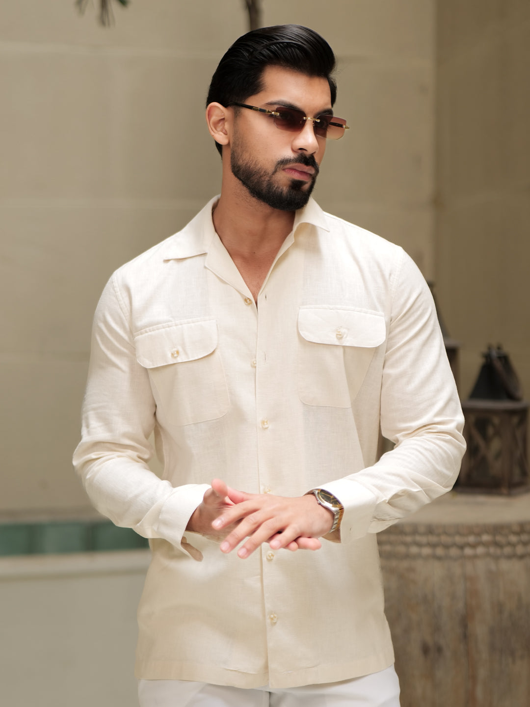 Cream Linen Utility Shirt