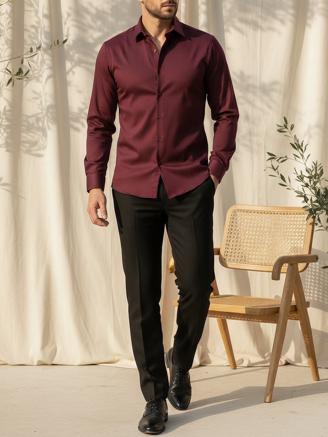 Wine Cotton Stretchable Shirt